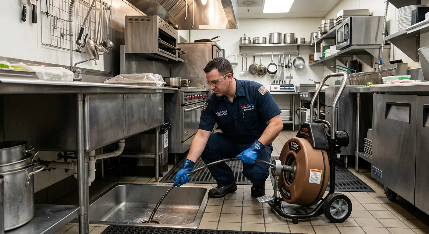 Commercial drain cleaning service in a restaurant kitchen in Cambridge