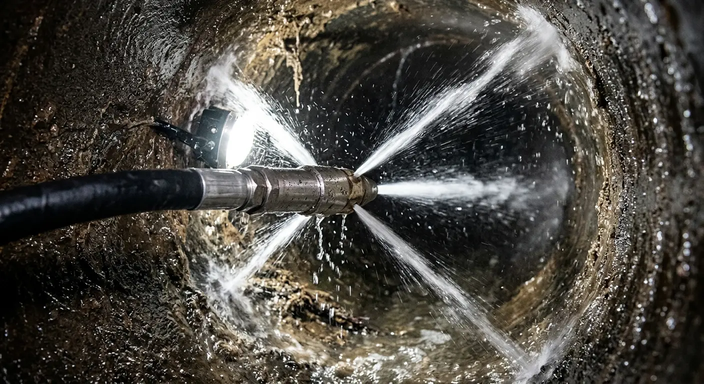 High-pressure hydro jetting nozzle cleaning sewer pipe for Sewer Cleanout in Cambridge