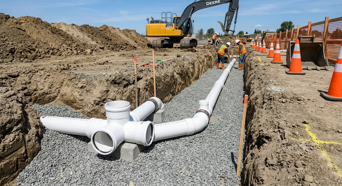New PVC sewer pipe installation in open trench for Sewer Backup in Cambridge