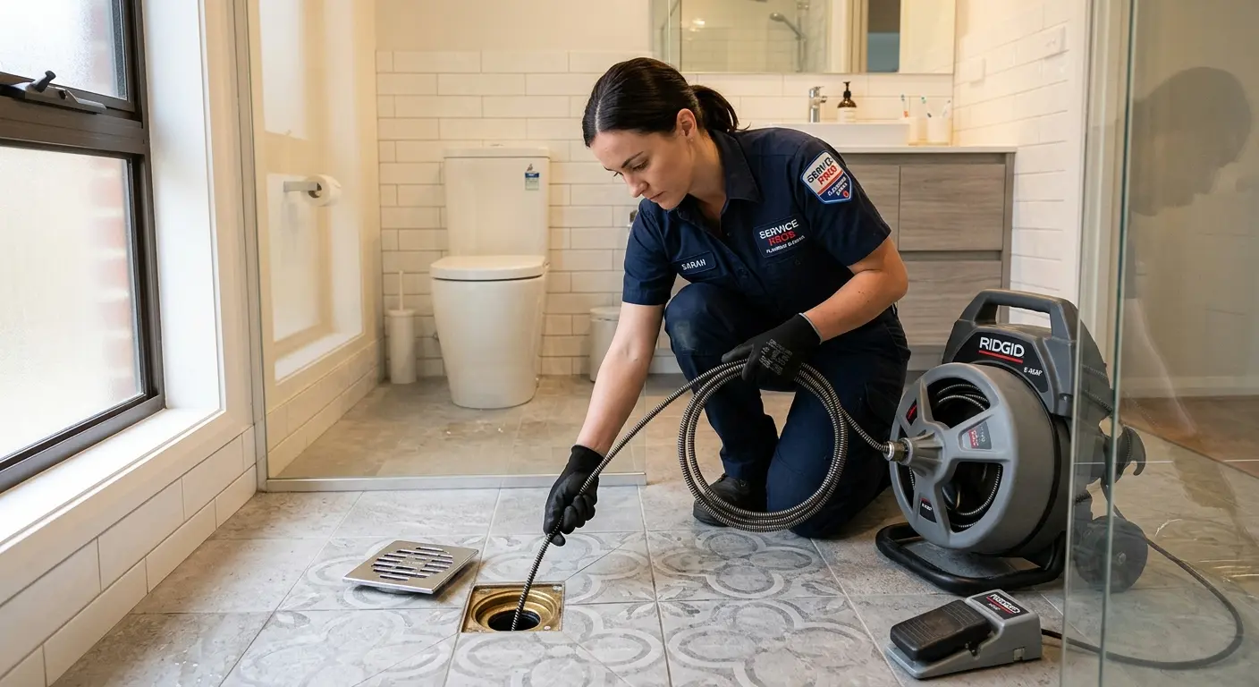 Technician clearing a bathroom floor drain for Drain Cleaning in Cambridge